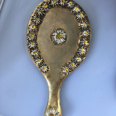 Min-Century Set of Ladies" Toiletry 2 Mirrors and 1 Brush colored glass decorated