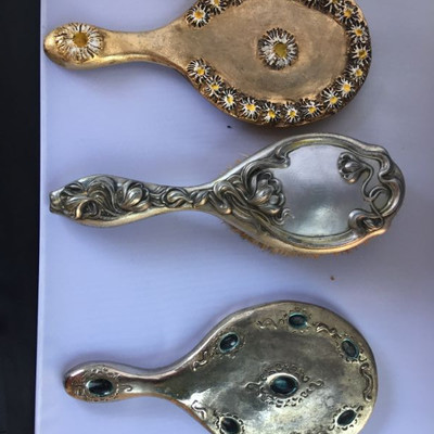 Min-Century Set of Ladies" Toiletry 2 Mirrors and 1 Brush colored glass decorated