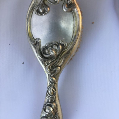 Min-Century Set of Ladies" Toiletry 2 Mirrors and 1 Brush colored glass decorated