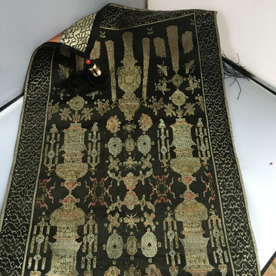 Vintage Asian XL Table Runner Gold and Silver on Black 87