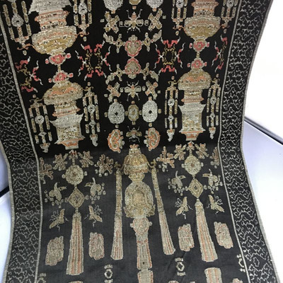 Vintage Asian XL Table Runner Gold and Silver on Black 87