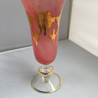  Vintage 7 1/2" Tall Pink Glass by Interglass, Made in Italy, Heavily Gilded Champagne Coup