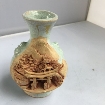 Vintage Small Japanese Vase With Tedious Hand Made Pagoda Entrance