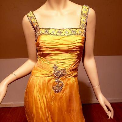 Vtg Silk Chiffon embellished Toga ruched dress 