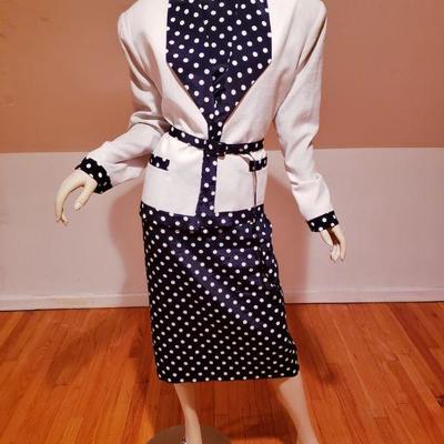 Vtg Blue/White Polka Dot dress/jacket Ensemble Ann Kirk Sz-22