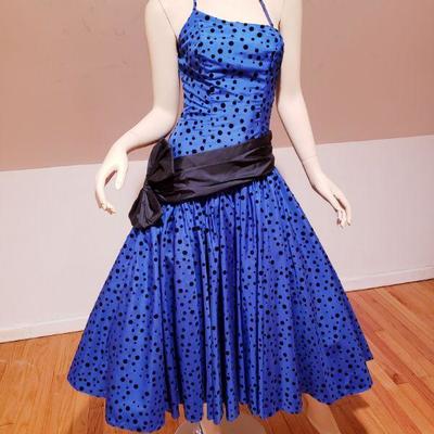 Vtg Blue Azul Asymetrical shantung Ball Gown velour polka dots