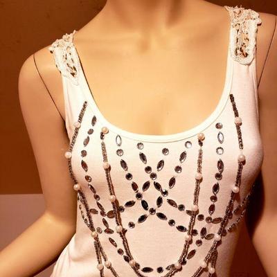 Vtg Bejewelled Cotton top Macrame & sequins.