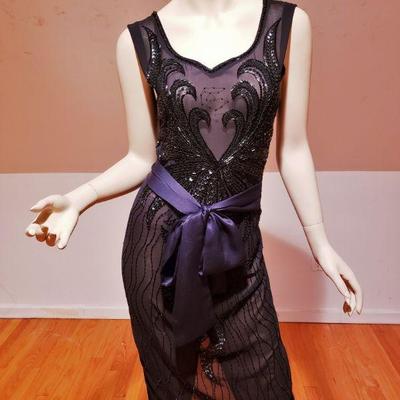 Vtg Layering onyx beaded on voile maxi dress 