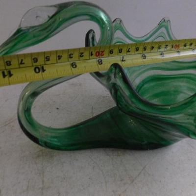Art Glass Green Swirl Swan Bowl 11