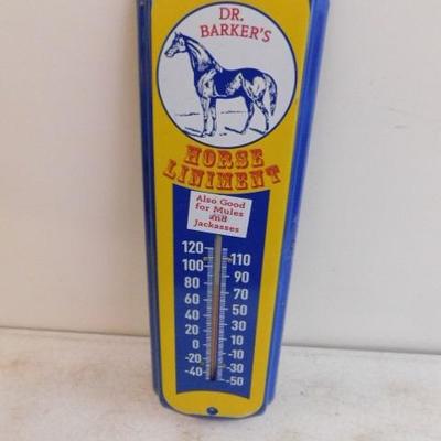 Dr. Barker's Horse Liniment Tin Metal Thermometer 16