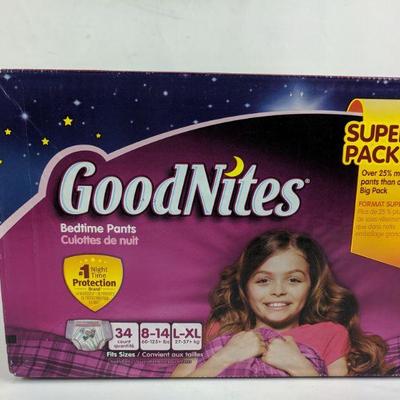 GoodNites L-XL Bedtime Pants 34 Count - New