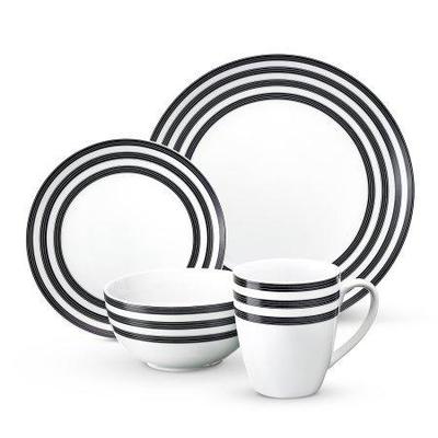 16-Piece Multi-Striped Black & White Porcelain Dinnerware Set, Open Box - New