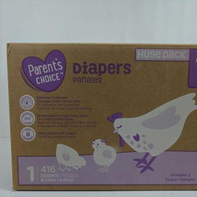 Parent's Choice Diapers, Size 1, 416 Count - New