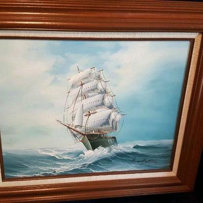 JAMES HAMILTON (1819-1878) ORIGINAL SIGNED OIL PAINTING Antique ship w/ sails on ocean