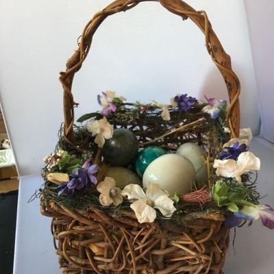 Vintage Easter Wicker Basket with Ceramic Eggs