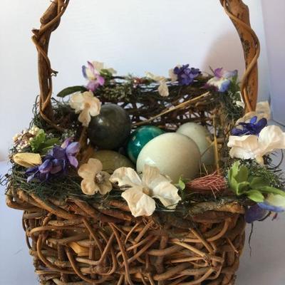 Vintage Easter Wicker Basket with Ceramic Eggs