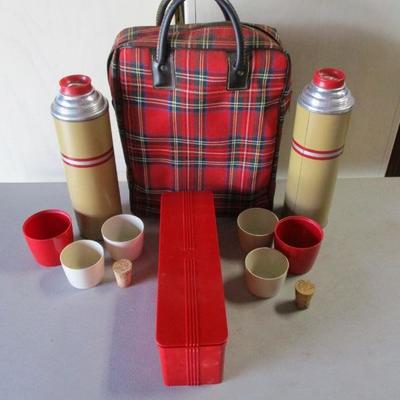 Lot 4 - Thermos Picnic Set With Red Plaid Bag