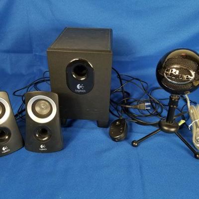 Lot 64 ~ Logitech Z313 Speaker System Wired, with BLUE Snowball Microphone  | EstateSales.org