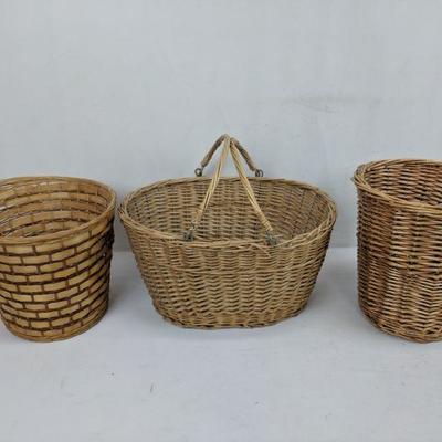 3 Light Brown Baskets. 1 has handles