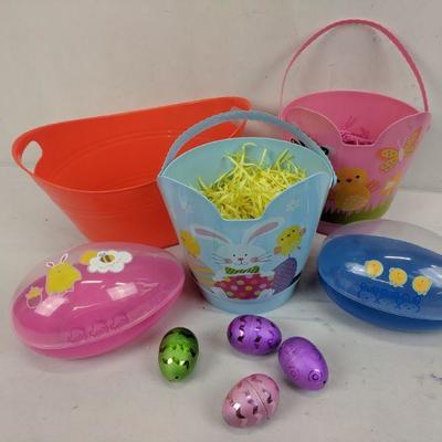 9 pc Plastic Easter Items: Buckets, Large Eggs, Bin, Small Metallic Eggs