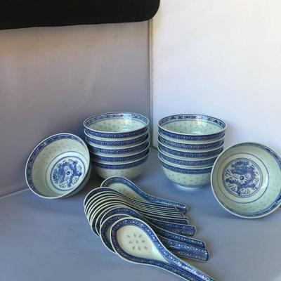 Vintage Chinese Set of 12 Rice Bowl and Spoons, with Dragon Design