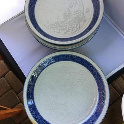 Scarce Lot of 4 Chinese Plates in Relief Blue and White Birds Turtles