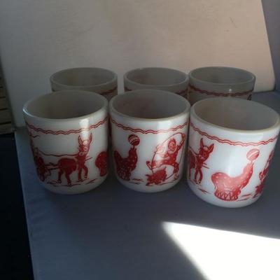 Vintage Lot of SIX Pyrex Milk Glass Children's Theme Circus Cup Mug Clowns Old Donkey Pig