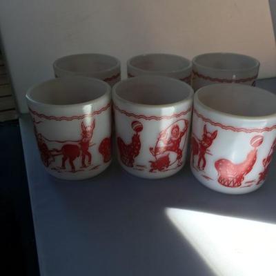 Vintage Lot of SIX Pyrex Milk Glass Children's Theme Circus Cup Mug Clowns Old Donkey Pig