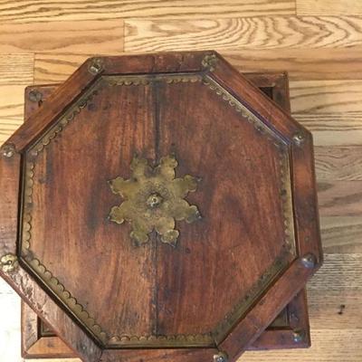 Antique/Vintage Asian Unusual Octagonal Wood Box Decorated with Brass