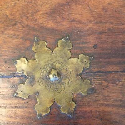 Antique/Vintage Asian Unusual Octagonal Wood Box Decorated with Brass