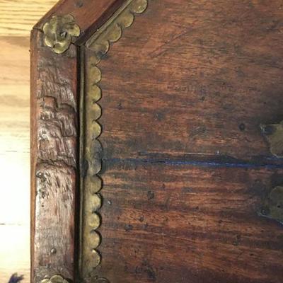 Antique/Vintage Asian Unusual Octagonal Wood Box Decorated with Brass