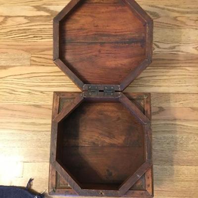 Antique/Vintage Asian Unusual Octagonal Wood Box Decorated with Brass