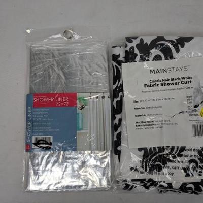 Classic Noir Black/White Fabric Shower Curtain & Shower Curtain Hooks - New