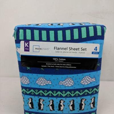 Mainstays Flannel Sheet Set 4 Pieces, King, Penguins - New