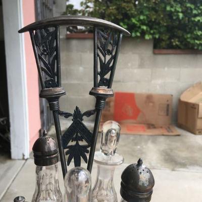 Antique Set of Oil, Vinegar, Salt and Pepper and Cruet with Caddy