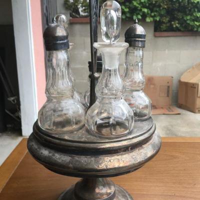 Antique Set of Oil, Vinegar, Salt and Pepper and Cruet with Caddy