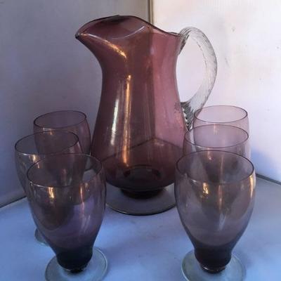 Vintage Set of Amethyst Pitcher and 6 Glasses