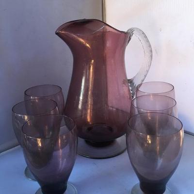 Vintage Set of Amethyst Pitcher and 6 Glasses