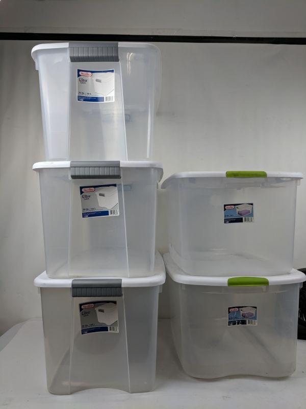 3 Clear Bins WIth Lids 70 Qt & 2 Clear Bins W/ Lids 66 Qt (One Broken