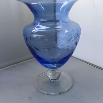 Vintage Adorable Etched Blue Glass Vase