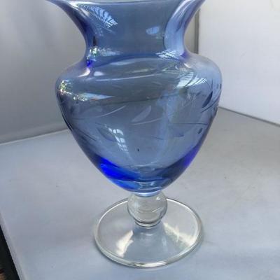 Vintage Adorable Etched Blue Glass Vase
