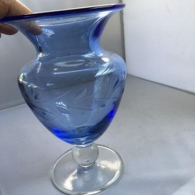 Vintage Adorable Etched Blue Glass Vase