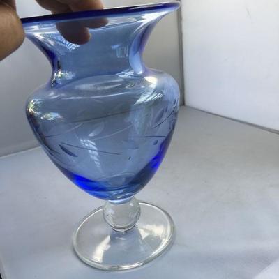 Vintage Adorable Etched Blue Glass Vase