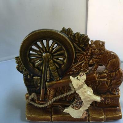 Vintage McKoy Planter Spinning Wheel with Cat and Dog Scottie Mint