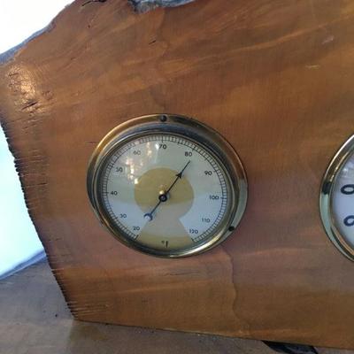 Vintage Mid Century Wood Frame Electrical Clock and Barometer