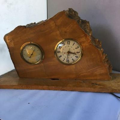 Vintage Mid Century Wood Frame Electrical Clock and Barometer