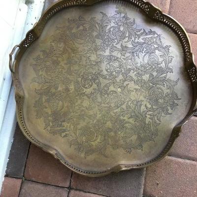 Vintage Footed Brass Large Plate with Ruffle Edges and HAndles