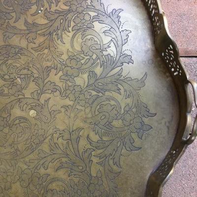 Vintage Footed Brass Large Plate with Ruffle Edges and HAndles