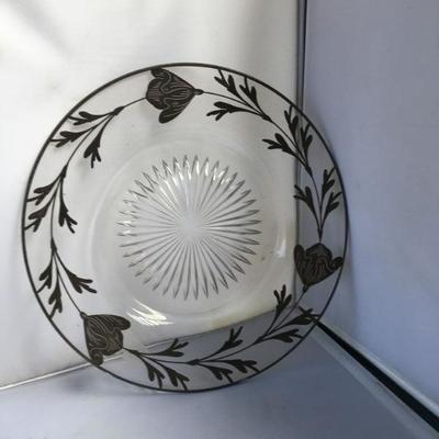 Vintage Glass Tray with Sterling Silver Design Around the Edges and Crystal Cut Center