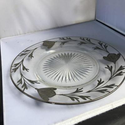 Vintage Glass Tray with Sterling Silver Design Around the Edges and Crystal Cut Center